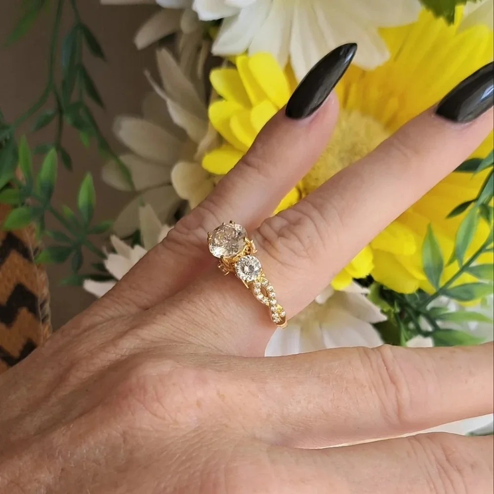 Genuine Moissanite Trilogy Ring In 14k YG Vermeil.